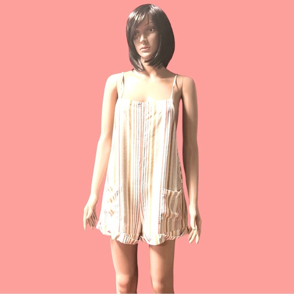 🎉HP!🎉Volcom striped romper in cream, grey-teal, peach/pink and tan. Size XS 🌺 - Picture 2 of 13